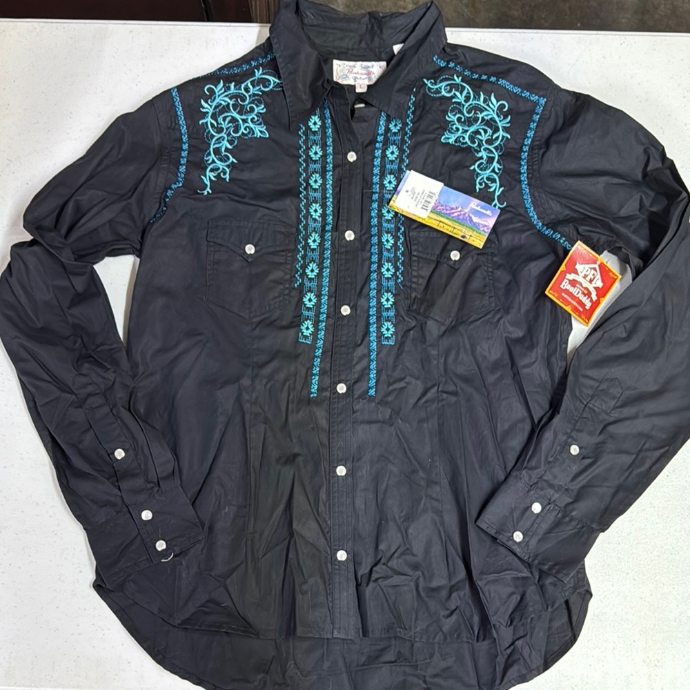 PANHANDLE Black Western Shirt with Blue Embroidery
